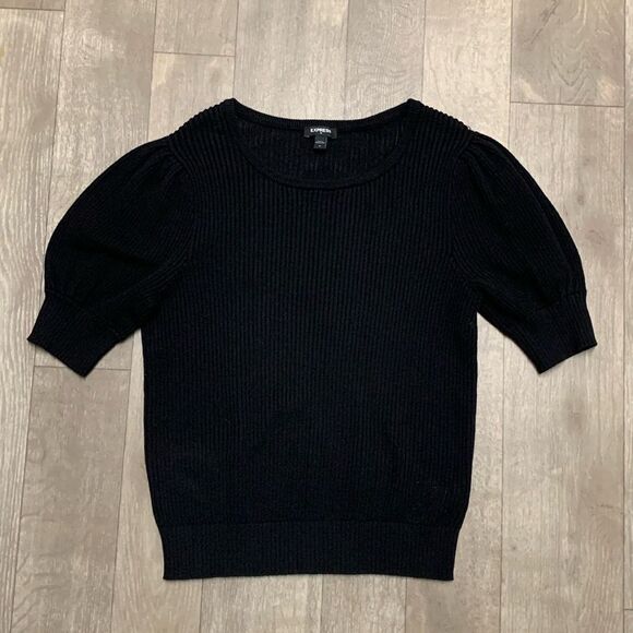 Express Balloon Sleeves Ribbed Mesh Crewneck Shortsleeve Pullover‎ Sweater - Picture 1 of 7